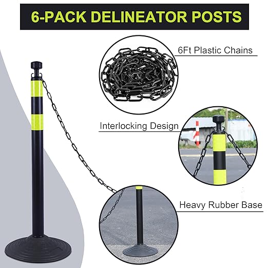 OrangeStar 6 Packs Traffic Delineator Post Cones, 40" Safety Barrier with 6.6 Ft Link Plastic Chains, Crowd Control Stanchion Sets w/Rubber Base for Parking Lot, Road Work, Queue Management, Black