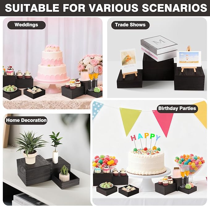 3 Pack Wood Cake Cupcake Stand Buffet Risers, Wooden Display Stand Wood Display Riser, Square Food Display Risers for Party Wedding Birthday Home (6" 7" 8")