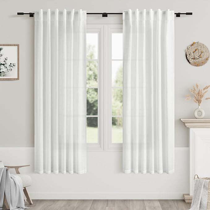 White Linen Curtains 63 Inches Long for Bedroom Back Tab Light Filtering Privacy Sheer Curtains Modern Farmhouse Coastal Decor White Cotton Textured Gauze Curtain for Bathroom 2 Panel Set 42x63