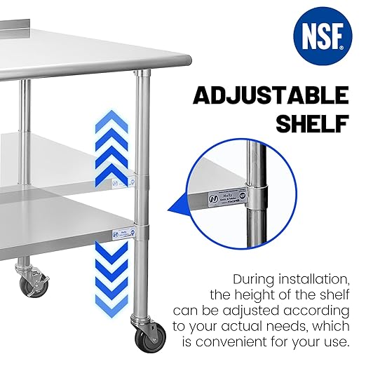 Hally Stainless Steel Table for Prep & Work 24 x 60 Inches with Caster Wheels, NSF Commercial Heavy Duty Table with Undershelf and Backsplash for Restaurant, Home and Hotel