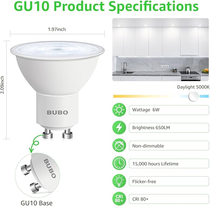 BUBO GU10 LED Bulb 6W Equivalent 50W, 5000K Daylight 650 Lumens, Non-Dimmable GU10 Bulb Replacement for Track Lighting, MR16 LED Bulb for Kitchen, Range Hood, Living Room, Bedroom, 10 Pack