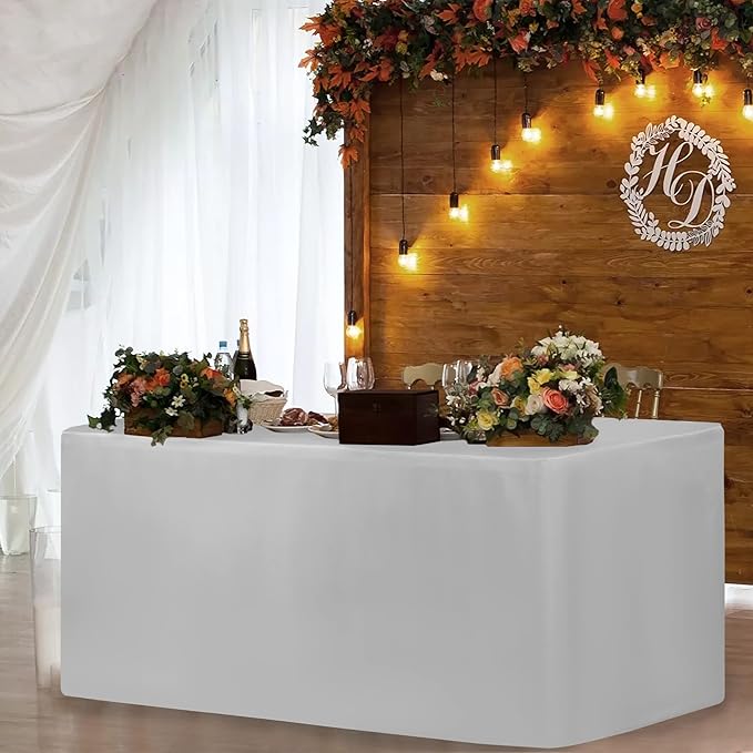 HolidayIdeas 2 Pack Fitted Table Clothes - 48 x 24 Inch - Silver Rectangle Tablecloths for 4 Foot Tables, Polyester Fabric Tablecloth for Parties, Birthday, Baby Shower, Trade Show, Wedding