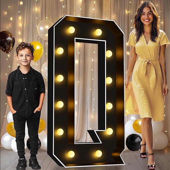 Pooqla 4 FT Marquee Light Up Letters, Black Marquee Letter Lights 4 Feet Tall, Giant Mosaic Sign Big for Balloons Birthday Party Anniversary Wedding Decorations, Warm White Letter Q