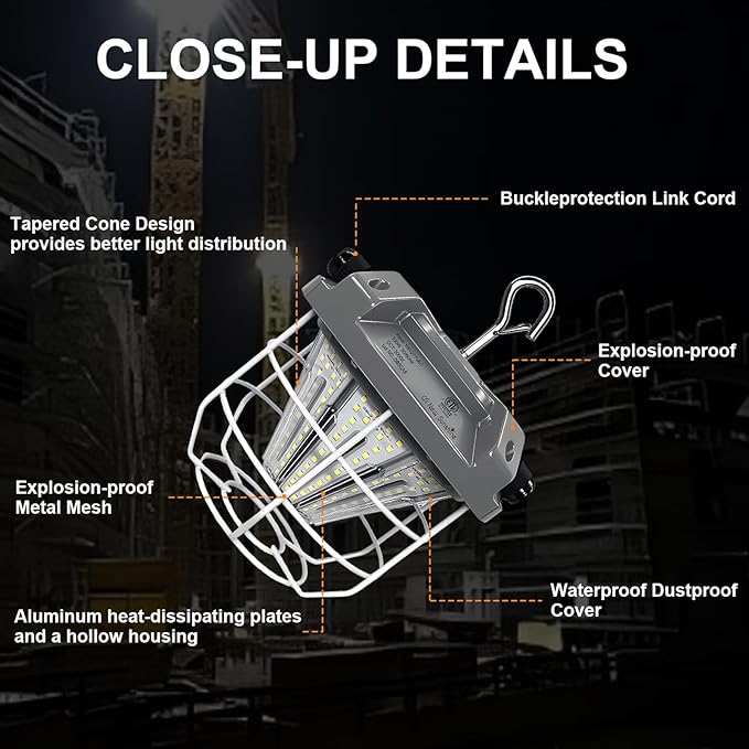 LED Temporary Work Light 100W, 15000 Lumen Construction Light, 5000K Daylight White, IP65 Waterproof Dustproof, Portable Hanging Lighting for Jobsite Workshop High Bay and Damp Locations