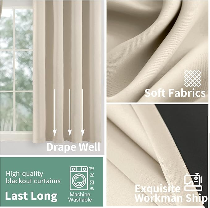 Champagne Blackout Curtains for Bedroom 63 Inch Length, Thermal Insulated 100% Light Blocking Soundproof Grommet Short Bedroom Curtains Thick Window Curtains, Each 42 Inch Wide