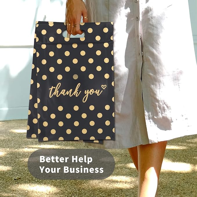 JinRuiKJ Poly Mailers with Handle 10x13 Inch 100 Pcs, Easy to Carry Packaging Bags for Small Business, Thank You Shipping Bags with Self Adhesive Strip, Tearproof and Waterproof - Gold Polka Dot