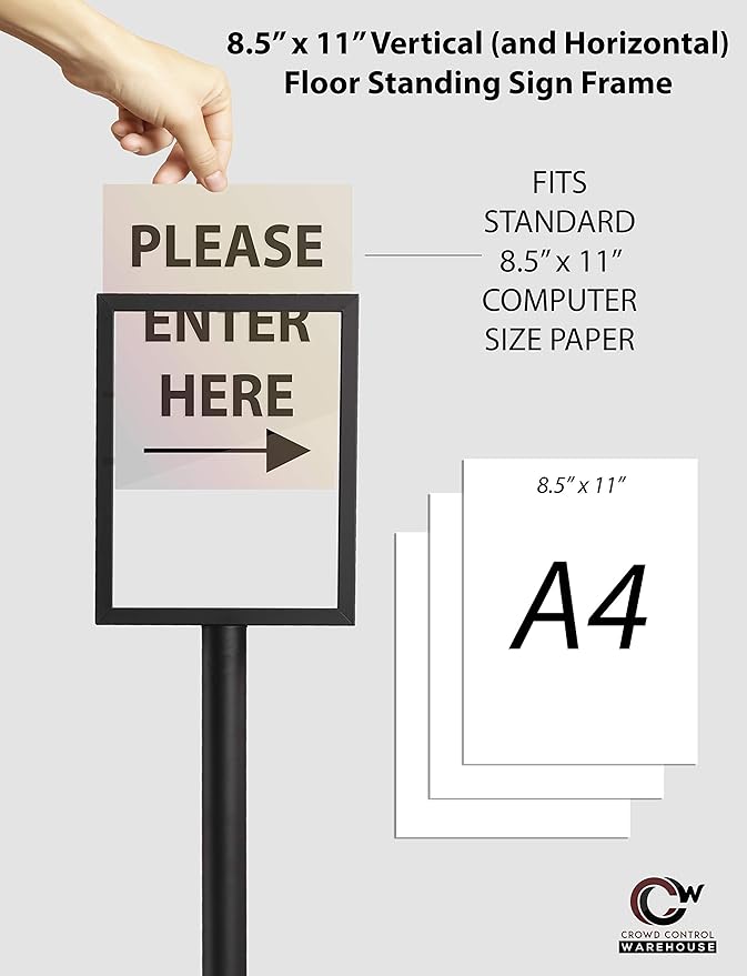 Crowd Control Warehouse Pedestal Standing Floor Sign Frame with Sloped Base, 8.5x11 Inch Vertical, Polished Brass