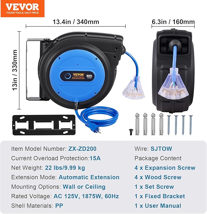 VEVOR 80FT Retractable Extension Cord Reel, 12AWG/3C SJTOW Heavy Duty Power Cord w/Lighted Electrical Triple Tap Outlets, 15A Circuit Breaker,180° Swivel Bracket for Workshop or Garage, Blue