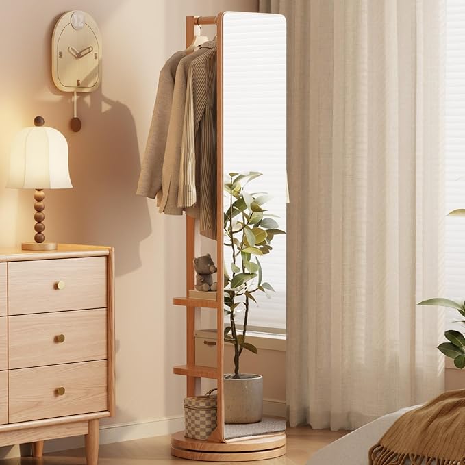 WoodsWhisper Full Length Mirror Coat Rack Solid Wood Floor Mirror 66"x12" Full Length Mirror with Stand Long Mirrors for Bedroom,Living Room