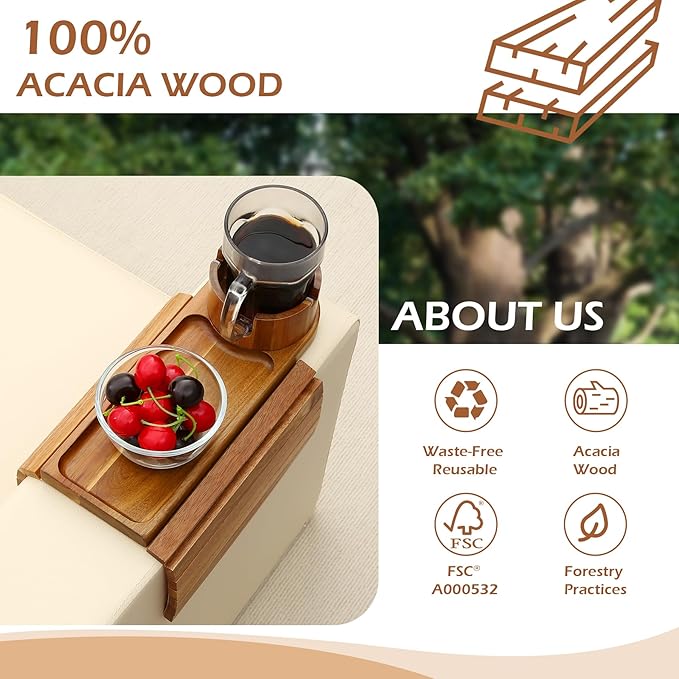Couch Cup Holder Tray, 15.75" Acacia Wood Couch Armrest Table, 3 in 1 Foldable Sofa Clip on Side Table with 360° Phone Stand, Armrest Tray for Coffee Snacks