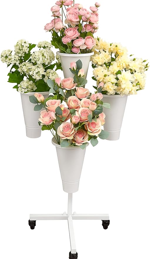 DYALE Flower Display Stand with Buckets - Flower Cart with Wheels for Bouquet Shop, Metal Flower Rack Display Stand for Wedding Garden, Party, Events 1 (White, Round buckets)