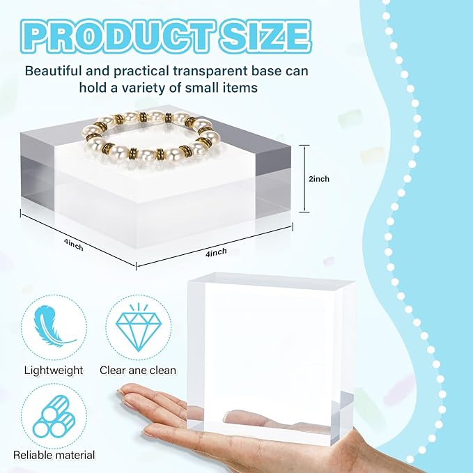 Qunclay 4 Pcs 4 x 4 x 2 Inches Acrylic Square Display Block Clear Polished Acrylic Cubes Jewelry Display Stand for Jewelry Ring Showcase Holder Base Collections