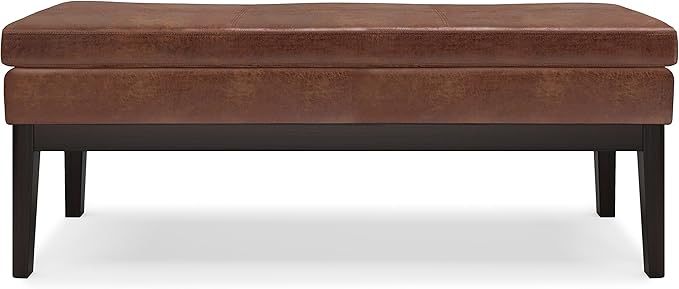 SIMPLIHOME Carlson Ottoman Bench - 45 inch Wide Upholstered Vegan Leather Rectangle Ottoman in Distressed Saddle Brown, Mid Century Modern Bench for Bedroom or Living Room with Padded Seat
