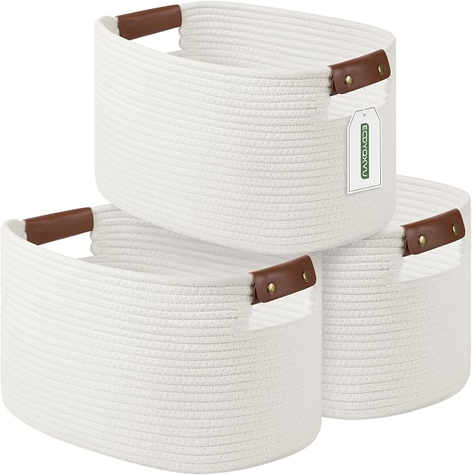 Cotton Rope Basket, Storage Baskets with Handle, 15x10x9 Inch Woven Basket for Shelves, Laundry, Towels, Clothes, Books (White 3Pack)