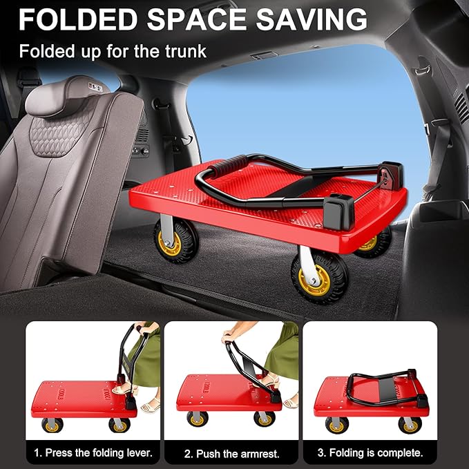 Platform Truck, Foldable Push Cart Dolly with Four 360 Swivel 5'' Wheels, 1200LBS Capacity Heavy Duty Moving Platform Trucks Hand Cart for Groceries, Garage, Warehouse (Red)