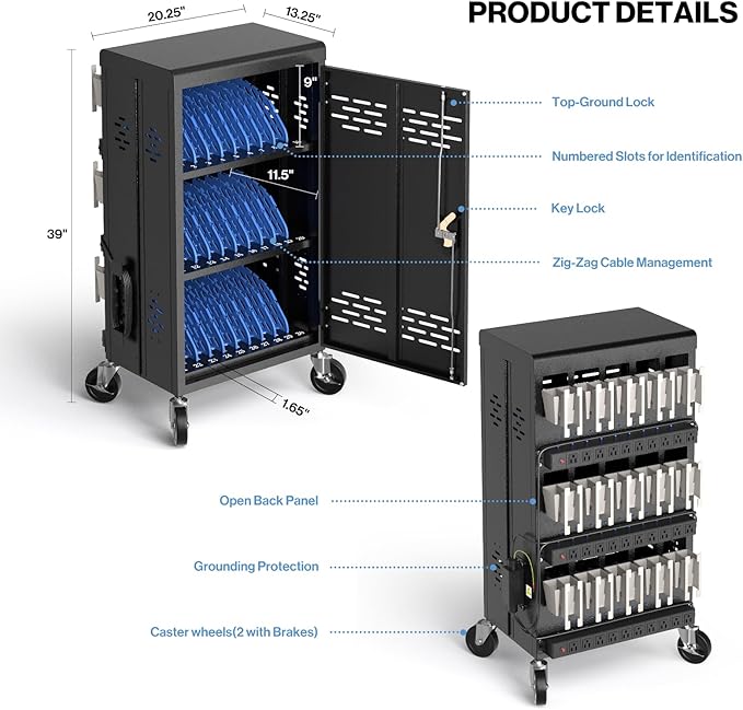 POCHAR 30 Unit Device Laptop Charging Cart for Chromebooks, Tablets, and Laptops for K-12 Education Classrooms, and Libraries, —Open-Back Design, Grounding Protection, Easy Assembly