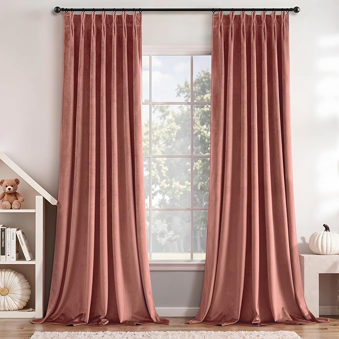 MIULEE Dusty Rose Velvet Curtains 90 inches Long, Pinch Pleated Blackout Drapes with Hooks, Thermal Insulated Pinch Pleat Panels for Bedroom Living Room, 2 Panels