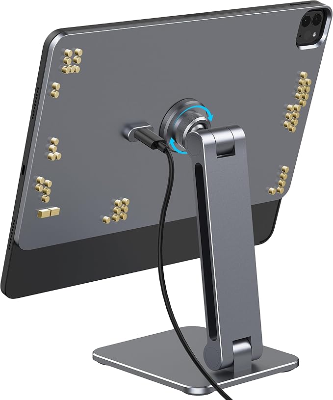 Magnetic iPad Stand with Wireless Charging, 35W Contact Fast Charger, Suction Cup Base, 360° Rotating Panel & Foldable, Compatible with iPad Pro 13" M5 & M4 ONLY, Work & Study Desk - Gray
