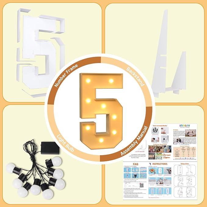 imprsv 3FT Marquee Numbers, Light Up Numbers for 15th 50th Birthday Decorations Anniversary Party Decor, Number 5 Light Up Number, Pre-Cut Foam Board Kit