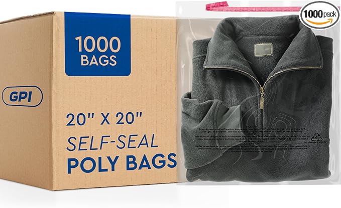 1000 Count - 20" x 20" Extra-Large Self Seal Poly Bags with Suffocation Warning, 1.5 Mil, Clear Polybags with Resealable Adhesive Strip for Shipping & Packaging Clothing, T Shirts & Sweaters. GPI