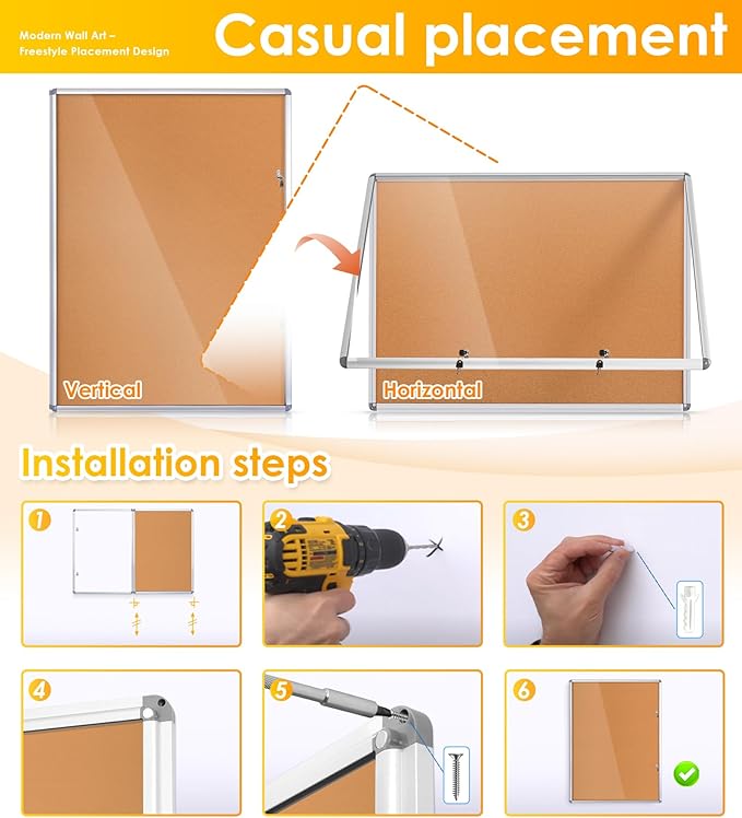 SWANCROWN Enclosed Bulletin Board 48x36 in, Tamperproof Lockable Cork Board Wall Display Case with 2 Locks for Office School Home, Aluminum Frame, Pack of 2