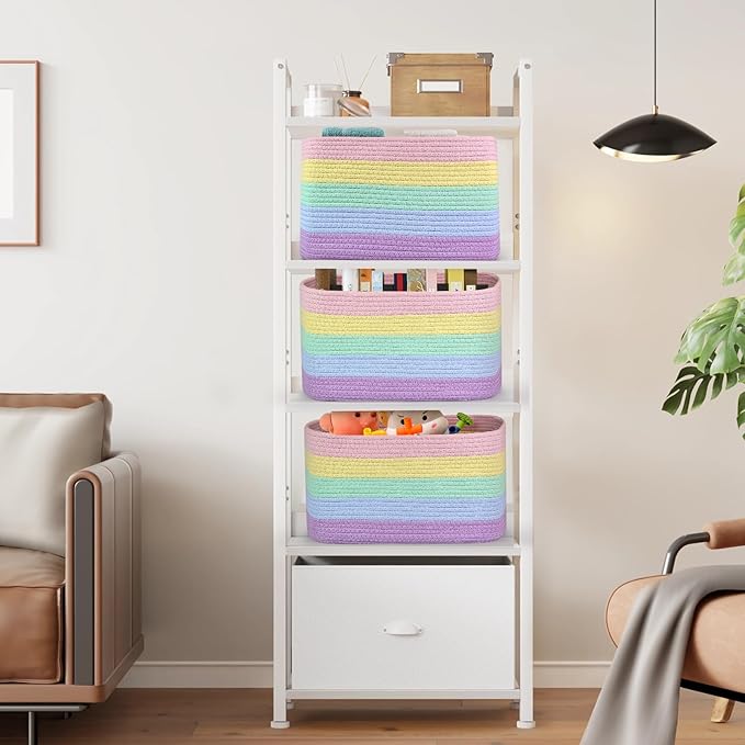 3 Pack Shelf Woven Storage Basket, 15 x 10 x 9” Closet Rope Baskets For Organizing, Square Bins with Handles, Rainbow