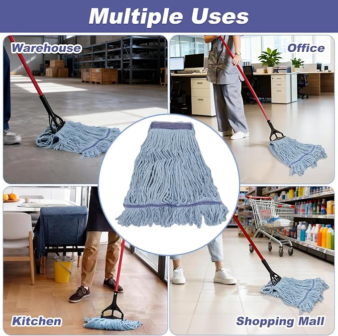 Commercial Heavy Duty Mop Heads Replacements: Wet Industrial Blue Cotton Looped End String Head Refill for General Floor Cleaning (6 Pack)