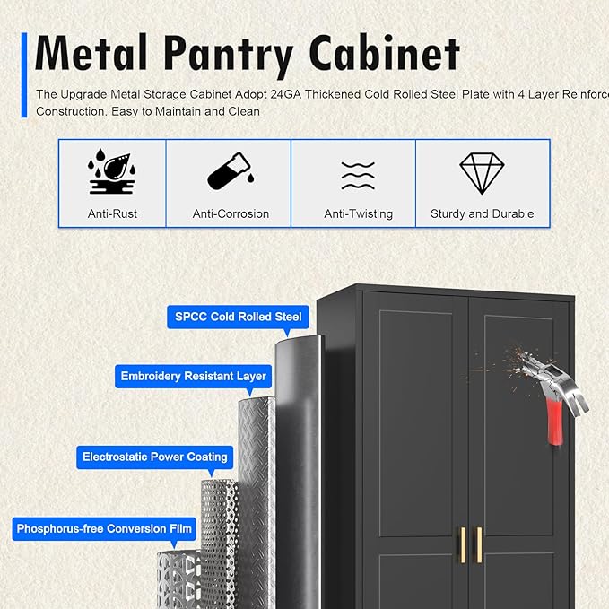 60 Inch Tall Pantry Cabinet, Metal Kitchen Storage Cabinet with Doors and Shelves, Black Cupboard for Food Storage, Freestanding Cabinet for Living Room, Dining Room - Assembly Required