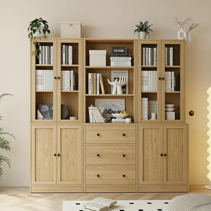 TUSY 71" H Bookshelf Bookcase with Doors, 3-Tier Modern Bookshelves with 3 Large Drawer, Display Bookcase with Glass Doors, Modern 5-Tier Curio Cabinet for Home Office, Dining Room (Wood, BAB)