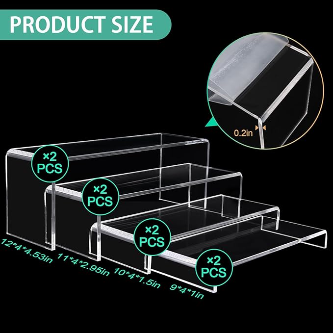 8 Pcs Large Acrylic Display Risers, 12" Large Risers Display Stands, 0.19" Thick Clear Risers Display Stands Large, Clear Rectangular Display Shelf for Showcase, Collectibles, Cupcake, Dessert