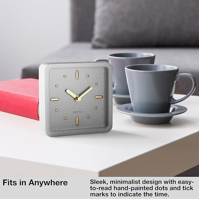 Driini Modern Mid Century Desk & Shelf Clock (Gray and Gold) - Battery Operated with Silent, Analog Movement – Small Tabletop Clocks for Office – Perfect for Mantle, End Table, Desktop or Nightstand