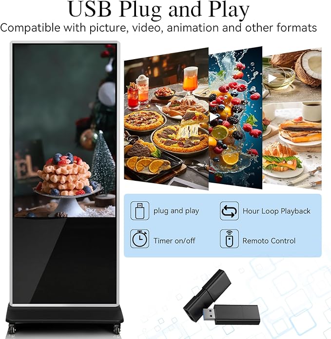 55" 4K LCD Touchscreen Digital Signage Display, Indoor Floor Standing Advertising Player, Commercial Digital Signage Kiosk with Auto AD Player, HDMI WiFi Bluetooth Input, Android 12.0 Black