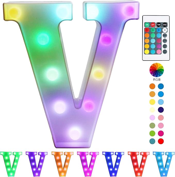 Pooqla Colorful LED Marquee Letter Lights with Remote – Light Up Marquee Signs – Letters with Lights for Anniversary Party Room Decoration - Birthday Gift for Boys Girls Women Men - Multicolor V