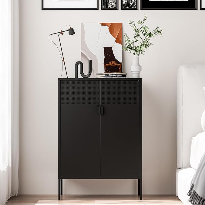 2 Mesh Door Metal Storage Cabinet with Adjustable Shelves, Multipurpose Black Storage Cabinet, 3-Tier Office Cabinet,Metal Storage Cabinet for Office Home,Hallway(Black, 47''H)