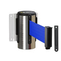 Montour Line WM115 Wall Mounted Retractable Belt Barrier with Standard Belt End, Fixed Mount, Polished Stainless Steel Casing (8.5 ft Blue Belt)