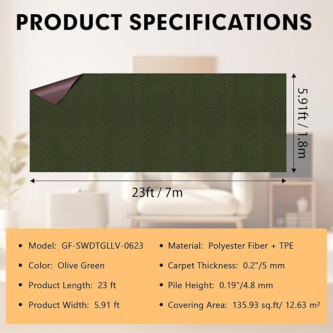 Marine Carpet,6 FT x 23 FT Olive Green Indoor Outdoor Carpet 0.2" Thick with Water-Proof TPE Backing, Non-Slide for Home, Patio, Porch, Deck