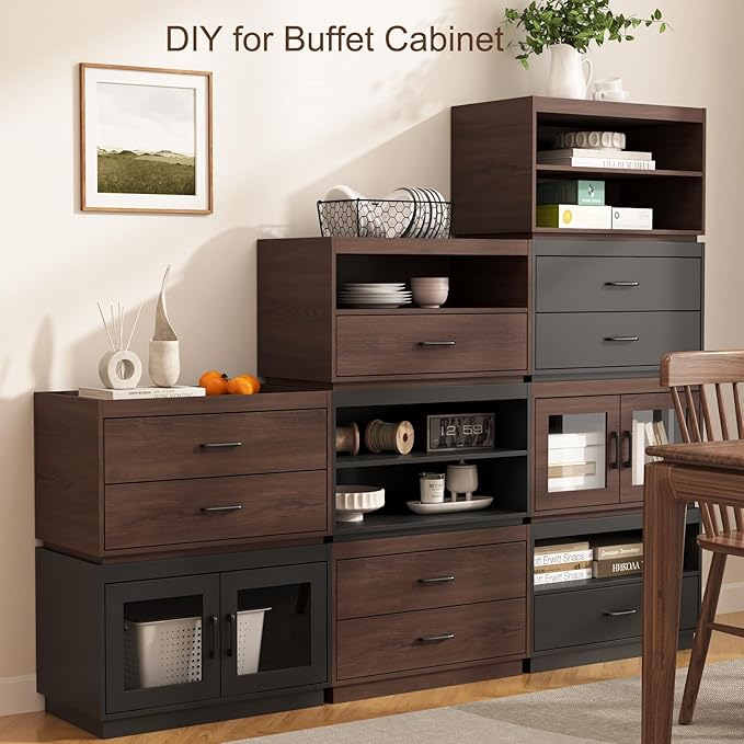 Stackable Storage Drawers,28" Wide Storage Bins w/ Drawers and Compartment for Closet Organizers, Wood Stackable Closet Organizer Modern Large Stackable Storage Units for Living Room Hallway, Black