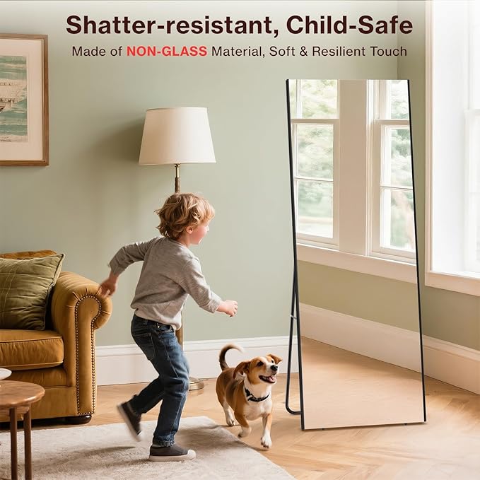 76"x34" Full Length Mirror with Stand, Lightweight & Easy to Move, Free-Standing Mirror for Dressing Room Bedroom, 3-in-1 Usage, Shatterproof Glassless Floor Mirror Kid & Pet Friendly (Black)