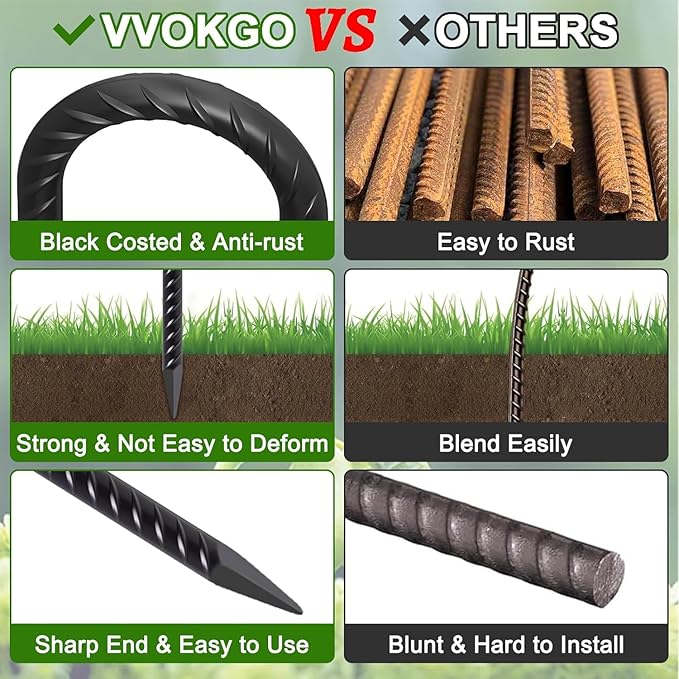 VVOKGO Trampoline Stakes 12 Inches Anchors High Wind Heavy Duty, 12-Pack U Shaped Tie Down Anchor Kit for Ground, Camping Tent, Soccer Net, Swing Set, Black