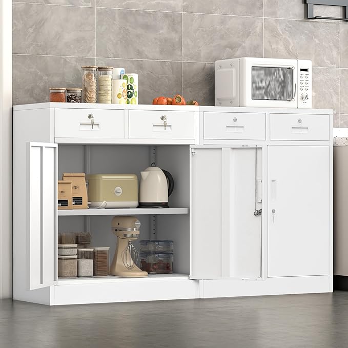 Metal Storage Cabinet, Locking Storage Cabinet with Adjustable Shelf, 36" H Metal Cabinets with 2 Drawers for Office, Garage, Home-White