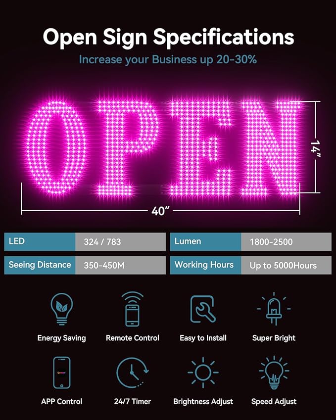 Open Sign for Business, 30"x10" Jumbo Open Sign with Timer and Remote Control, Dynamic Light Modes Led Signs for Storefront Window Bar Salon Cafes Retail Shops Pink