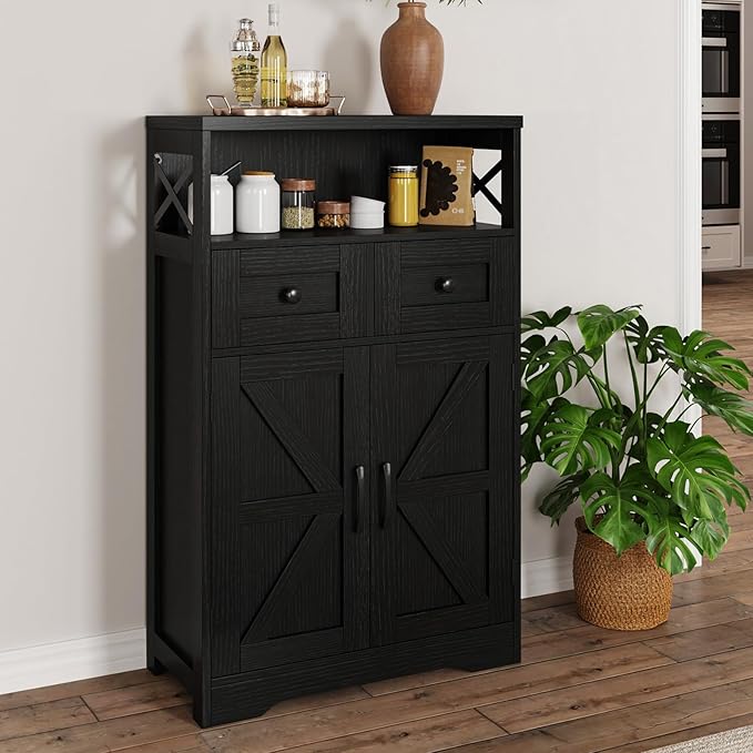 Black Farmhouse Kitchen Pantry Cabinet With Doors and Shelves, Coffee Bar Storage, Freestanding Floor Hutch Cupboard for Kitchen, Laundry, Living Room