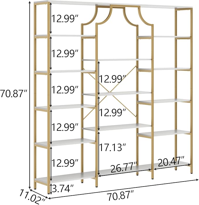 Loomie Triple Wide Bookshelf, 70.87" W/H Large Tall Etagere Bookcase, Modern 13-Open Shelves Geometric Bookshelf, Display Storage Metal Book Case, for Bedroom, Home Office & Living Room, Gold & White