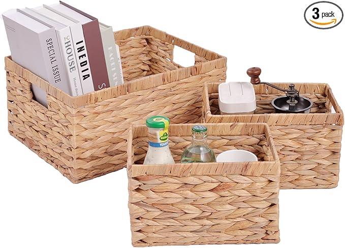 Set of 3 Water Hyacinth Storage Basket Rattan Woven Shelf Organizing with Built-in Handles 3-Pack Nesting Wicker Bathroom Accessories Pantry Storage