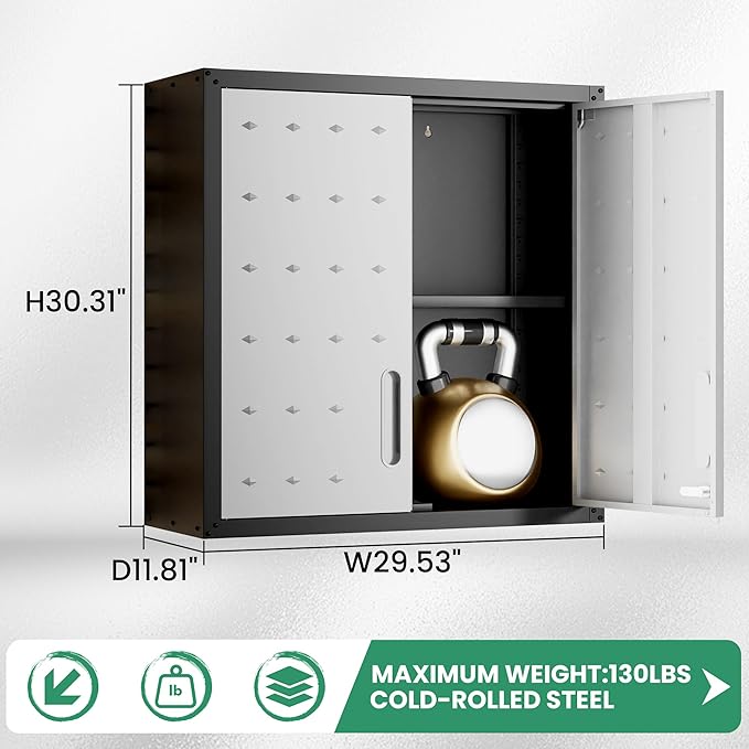 Wall Cabinet, Wall Mounted Cabinet with Lock and Adjustable Shelf for Garage, Tool Room, Kitchen, Assembly Required(Black and Gray)