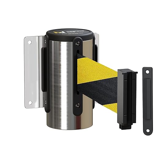 Montour Line WM115 Wall Mounted Retractable Belt Barrier with Standard Belt End, Fixed Mount, Polished Stainless Steel Casing (13 ft Black and Yellow Diagonal Belt)