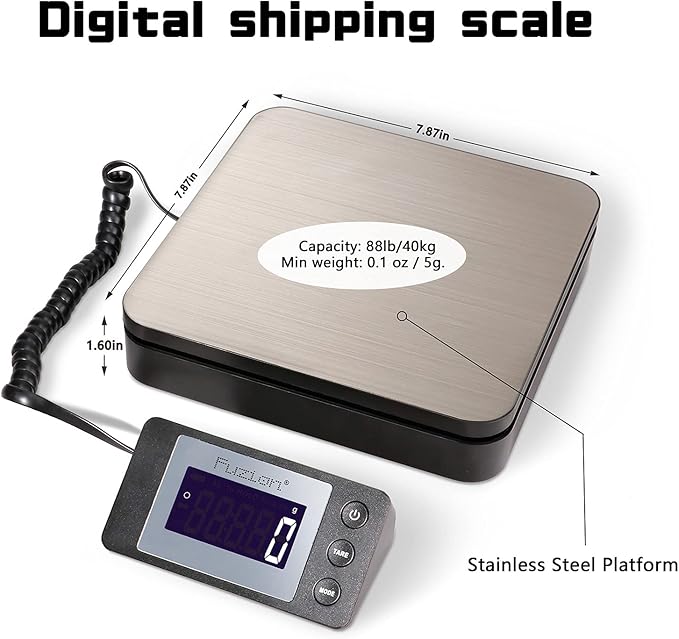 Fuzion Digital Shipping Scale 88lb × 0.1oz, Durable Stainless Steel Postal Scale with Tare, 4 Weighing Modes, Shipping Scale for Packages, Postage Package Scale with AC Adapter