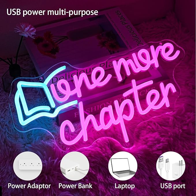 One More Chapter Neon Sign Read Book Neon Light for Wall Decor Dimmable Pink Letter Reading LED Neon Sign for Study,Library,Book Shop,Classroom Decoration