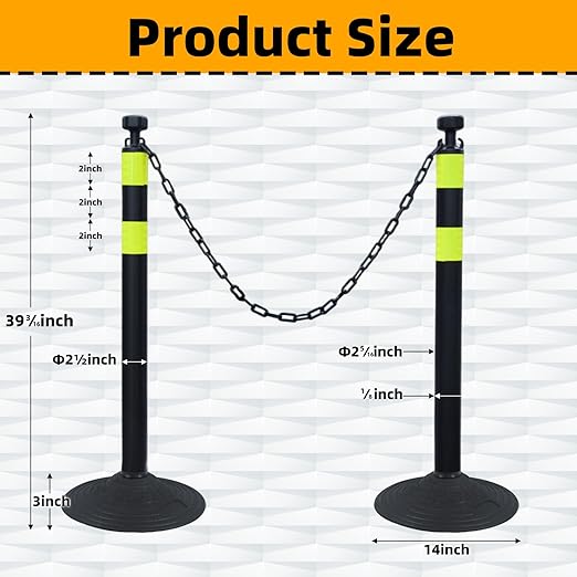 6 Pack 39 Inch Black Traffic Delineator Posts with 2 Green Reflective Stripes, Safety Posts Cones with 6.6 Feet Chains and 14 Inch Rubber Base for Road Safety,Parking Lot (Black)