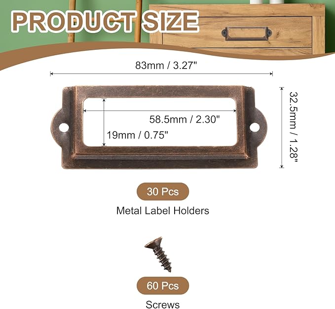 PATIKIL 83x32.5mm Metal Label Holders, 30 PCS Label Name Card Tag Frames with Screws for Office Library File Cabinets Shelves Wood Drawers Fabric Bins, Red Bronze